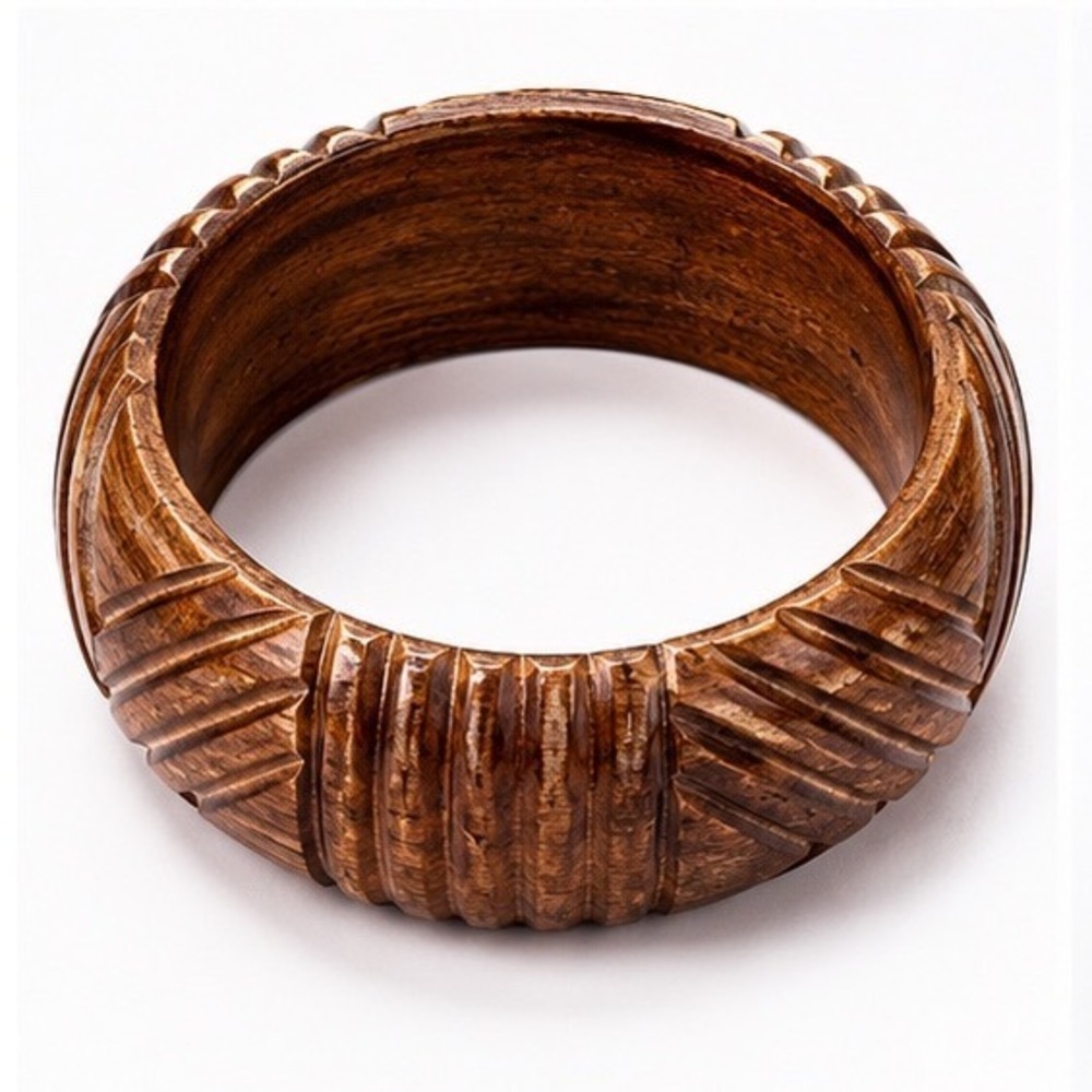 Hand Carved Wooden Bangle Bracelet Dark Brown Ribbed Chevron Geometric Chunky